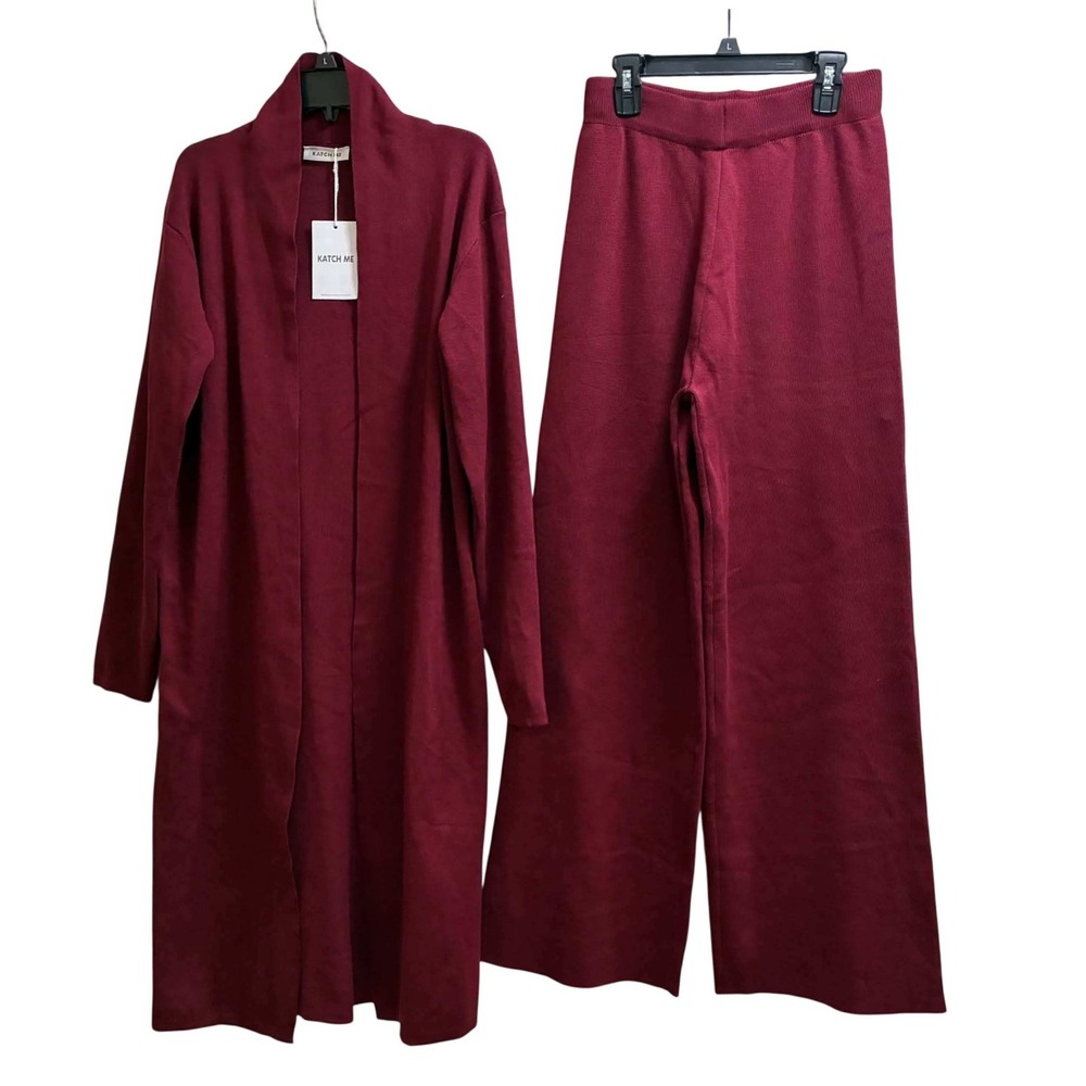 Katch Me Knit Cardigan Pants Set Womens One Size Burgundy Duster Wide Leg 2PC